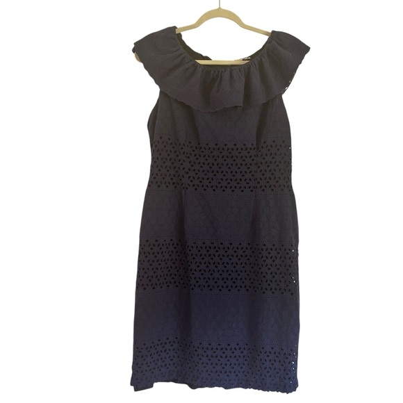 Karl Lagerfeld Paris Navy Off-Shoulder Eyelet Dress SZ 12 Ruffle Neck Cotton Mid - Picture 4 of 8